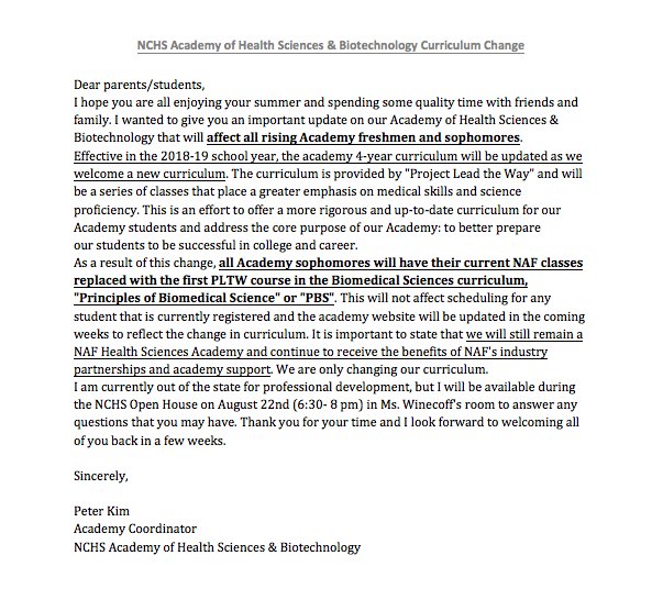 NCHS_AoHSB's tweet image. There is an important announcement about a change in curriculum for the 2018-19 school year.