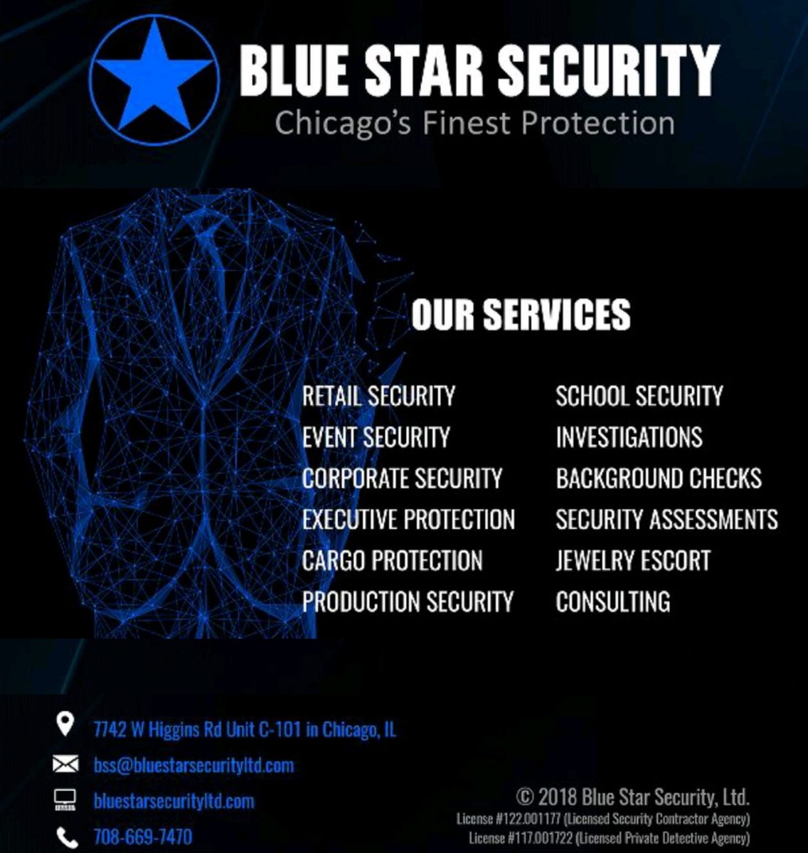 BluStarSecurity's tweet photo. @BluStarSecurity Chicago's Elite Secuirty Company for #eventsecurity #retailsecurity #restaurantsecurity #schoolsecurity #executiveprotection #corporatesecurity #concertsecurity #productionsecurity #chicagosecurity #offdutypolice #bluestarsecurity #bestsecurityinchicago #CPD https://t.co/SlwudYlxKw