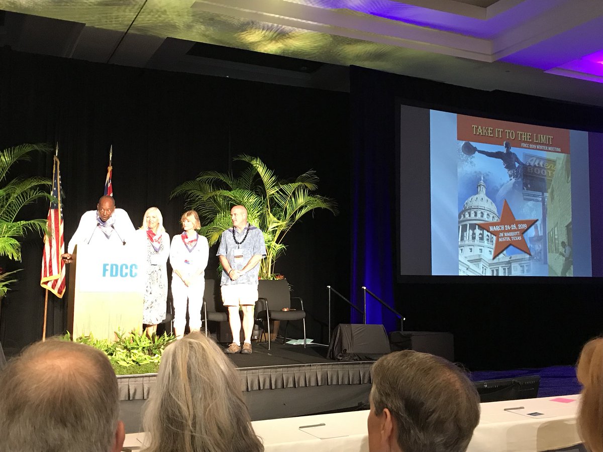 fdcclaw's tweet photo. Don’t let the tropical clothing confuse you, the Austin team joins the business meeting today to preview the 2019 Winter meeting in Austin, Texas. #FDCC2018 https://t.co/fTkQ1oWrtS