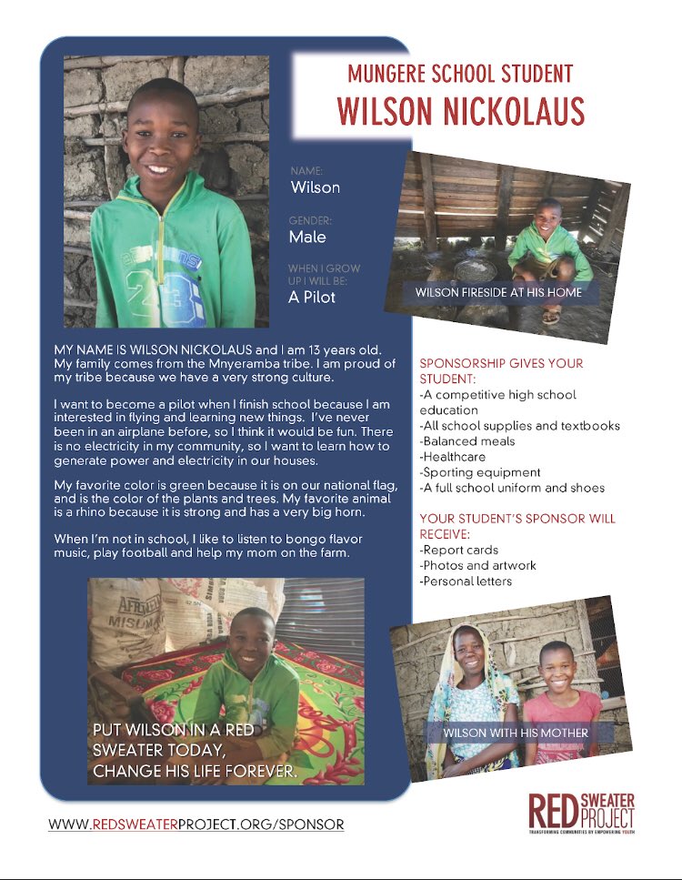 RedSweaterPro's tweet photo. 13-year-old Wilson dreams of becoming a pilot. Help him reach his vision for his future and his community by becoming his personal sponsor. #studentsponsor #educationforall #mungere
Take the next step today: https://t.co/yCK6JFTNkh https://t.co/CSs5MGaeLC