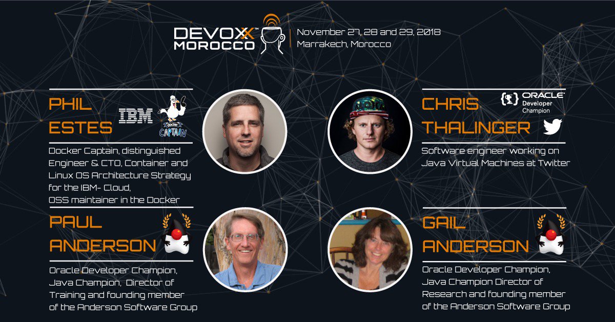 DevoxxMA's tweet image. Check out our 3rd bunch of featured speakers @estesp @christhalinger @Paul_ASGTeach @gail_asgteach 🗣️ @dev_champions @Java_Champions #DockerCaptains 🤩 Don&apos;t miss to register for the largest developer conference in #Africa  #KillerContent #TopNotchSpeakers #Marrakech #Morocco