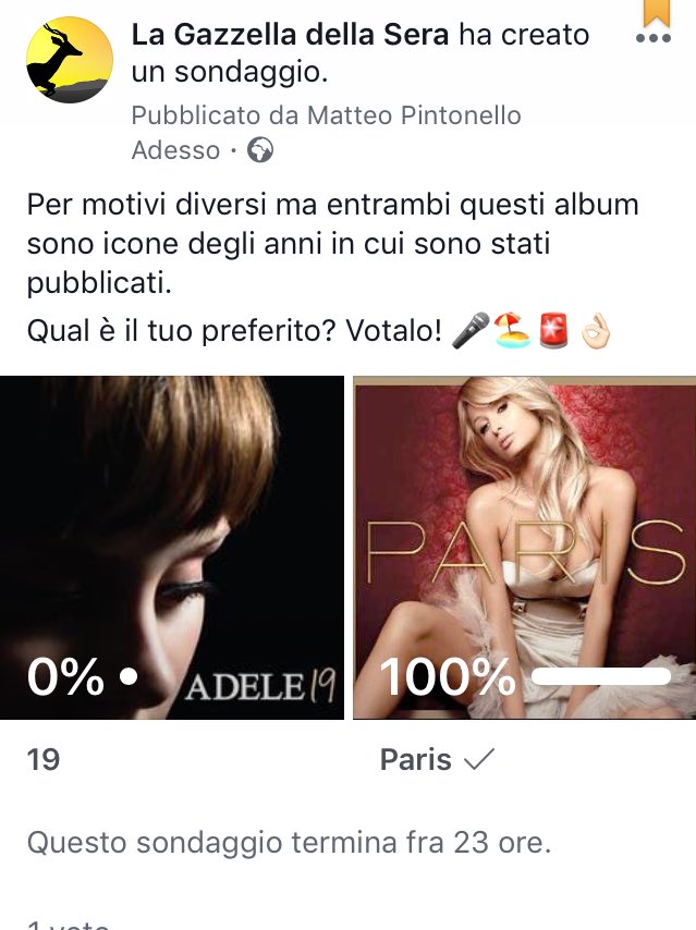 Mat87Vic's tweet photo. Ogni giorno sulla pagina Facebook di La Gazzella della Sera potete votare l’album più bello di sempre! 🎤🚨🙈 oggi tocca a due album iconici per motivi diversi: 19 e Paris! https://t.co/4QQTyzjcOd
