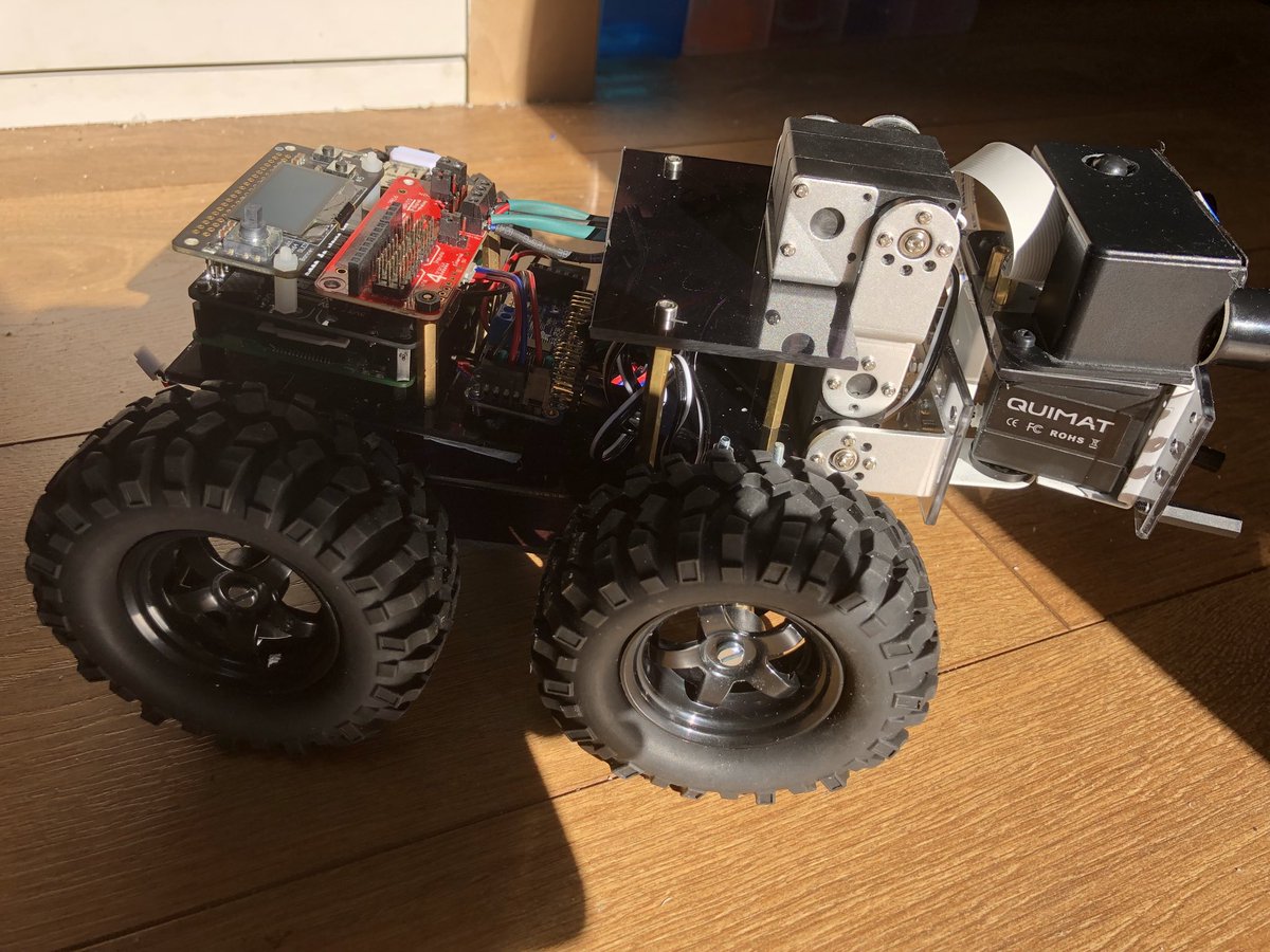 ElliotPittam's tweet photo. New robot progressing nicely fitted I2C Adafruit servo controller, new hubs from modmypi and new configuration to run multiple hats on the PI. #Adafruit #modmypi @HackWimbledon https://t.co/johYnoxjOG