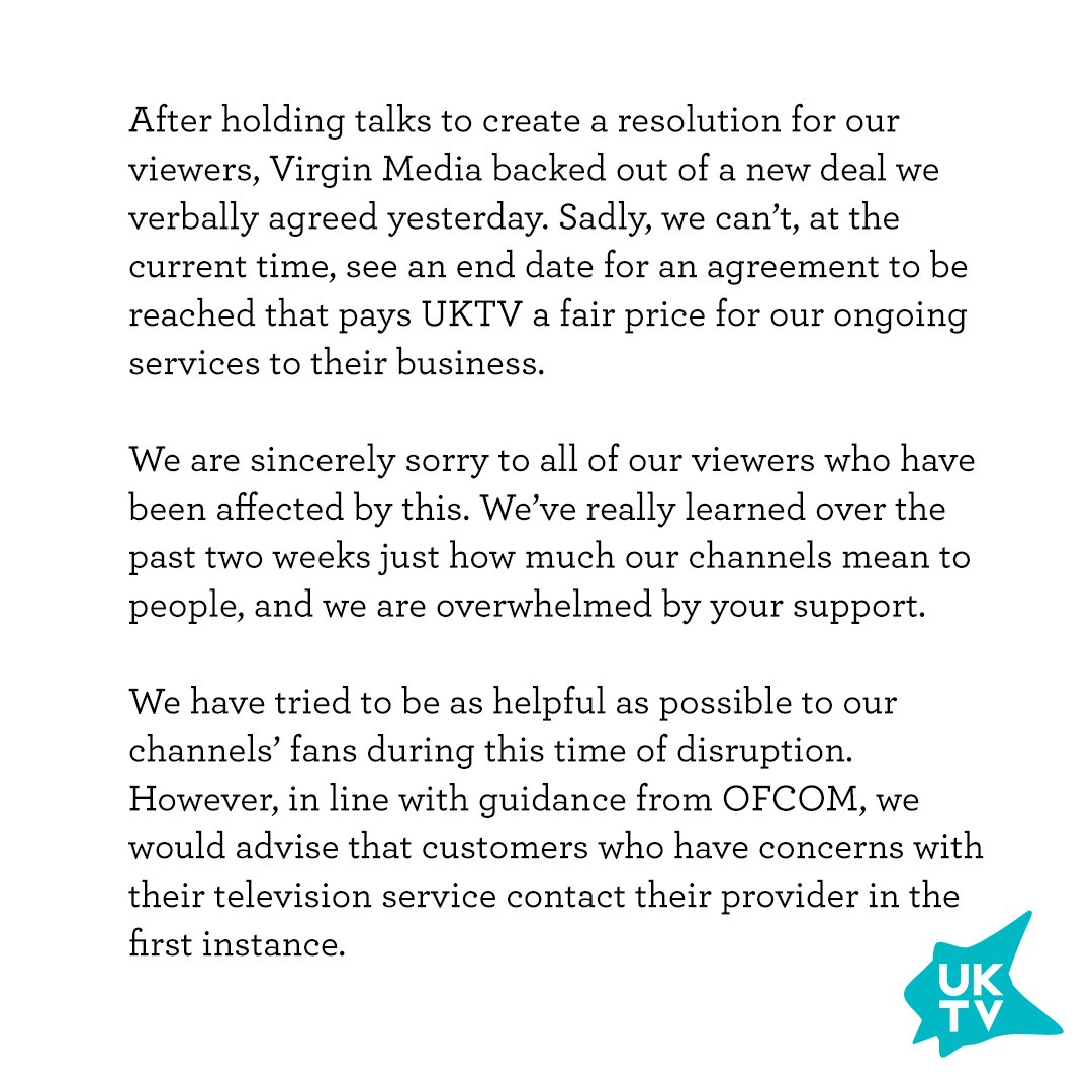 An update from the UKTV team for @VirginMedia viewers #BringBackUKTV