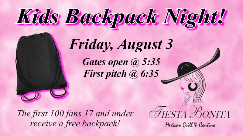 CowlitzBBears's tweet photo. It's #BackpackNight presented by #FiestaBonitaKelso. The first 100 fans 17 and under through the gate to receive a free backpack! It's also #FiestaFriday as we welcome the @CorvKnights for a weekend series. Gates open at 5:35! #GoBlackBears https://t.co/5Y4fyE707r