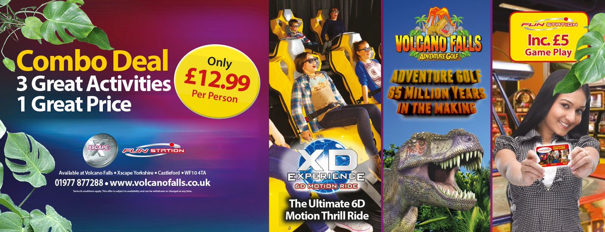 VolcanoFallsUK's tweet image. Looking to fill your day full of fun activities with no time restrictions? Look no further than Volcano Falls at @XscapeYorkshire! Our fantastic #ComboDeal does the trick and saves you money! £12.99 for 3 activities – Adventure Golf, #XDMotionRide &amp;amp; £5 inside #Funstationuk.