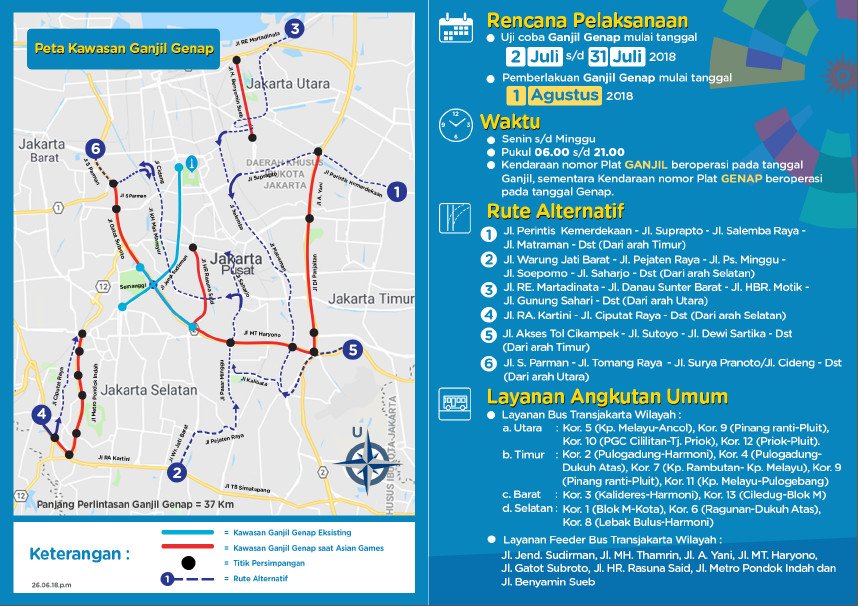 Pemberlakuan Ganjil Genap Asian Games Mulai Tanggal 1 Agustus 2018 Senin s/d Minggu beberapa ruas jalan di Jakarta.