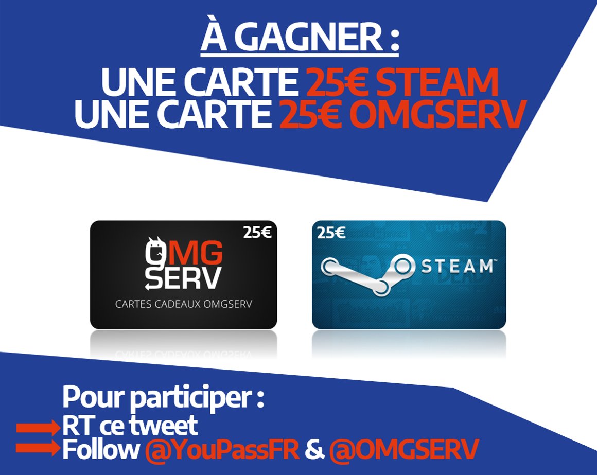 YouPassFR's tweet image. #Concours 25€ OMGSERV &amp;amp; 25€ STEAM à gagner 💥

Pour participer :
- RT ce tweet
- Follow @YouPassFR &amp;amp; @OMGSERV 

Tirage au sort le 10/08 !