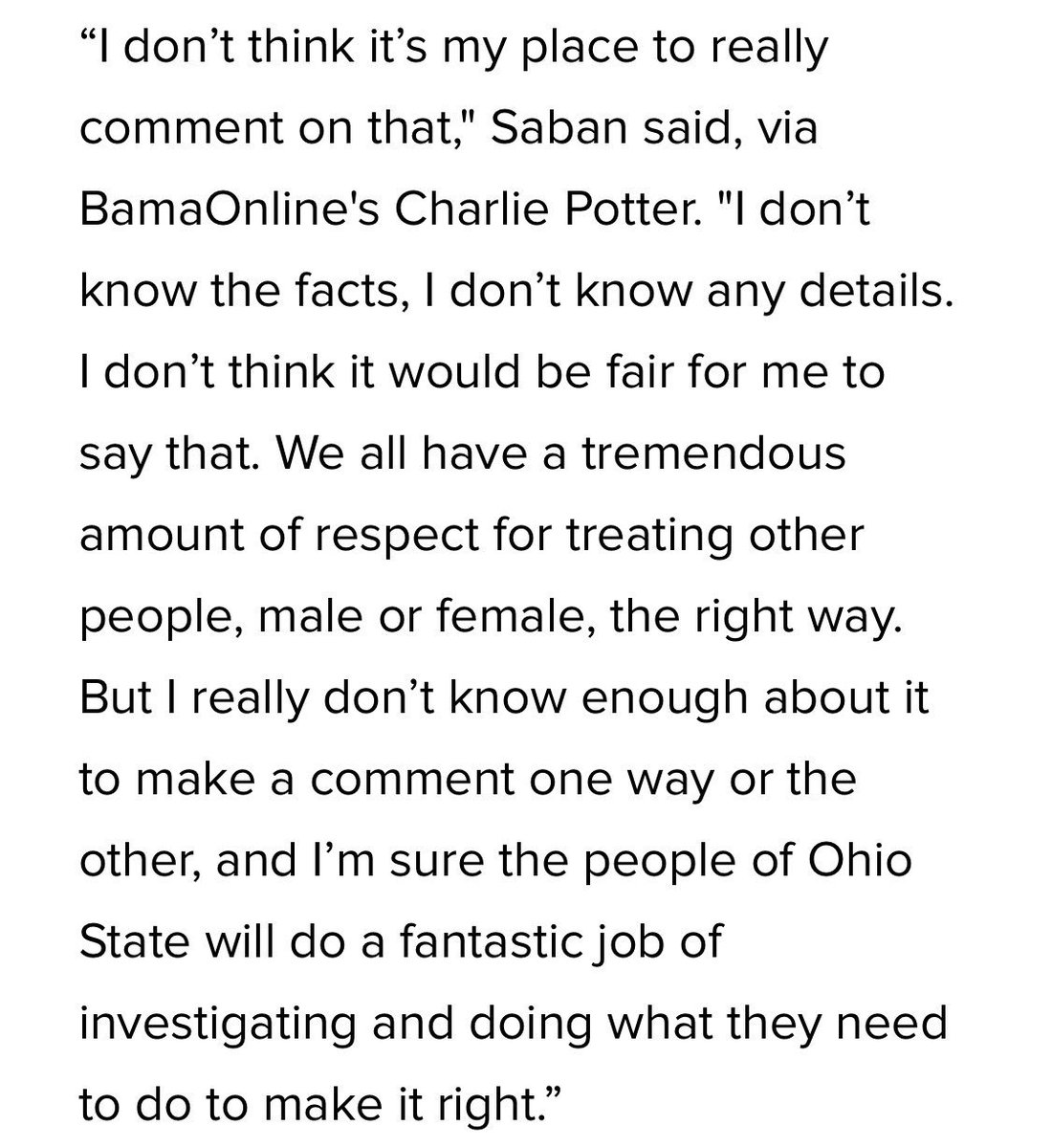 TheOzz68's tweet photo. As much as I despise Alabama and Saban- his response to @OhioStateFB and @OSUCoachMeyer is what we all should be doing. #DontAssume #WaitForFacts #OSU #TheOhioState #Buckeyes https://t.co/TN35s6sXZ9