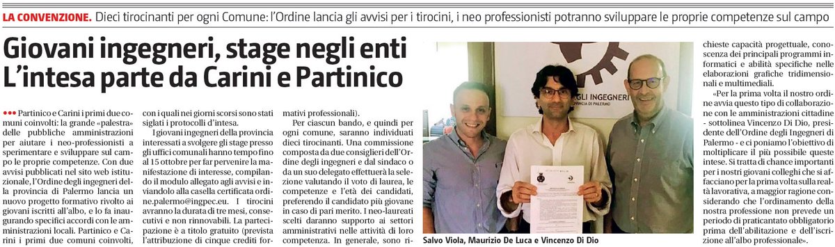 (ST)Stage nelle p.a. per i neo-professionisti: l’Ordine degli Ingegneri lancia un nuovo progetto formativo per i giovani iscritti all'albo. Partinico e Carini i primi comuni coinvolti (gli avvisi: bit.ly/2LSs2OQ). Nell'immagine l’articolo sul Giornale di Sicilia di oggi.
