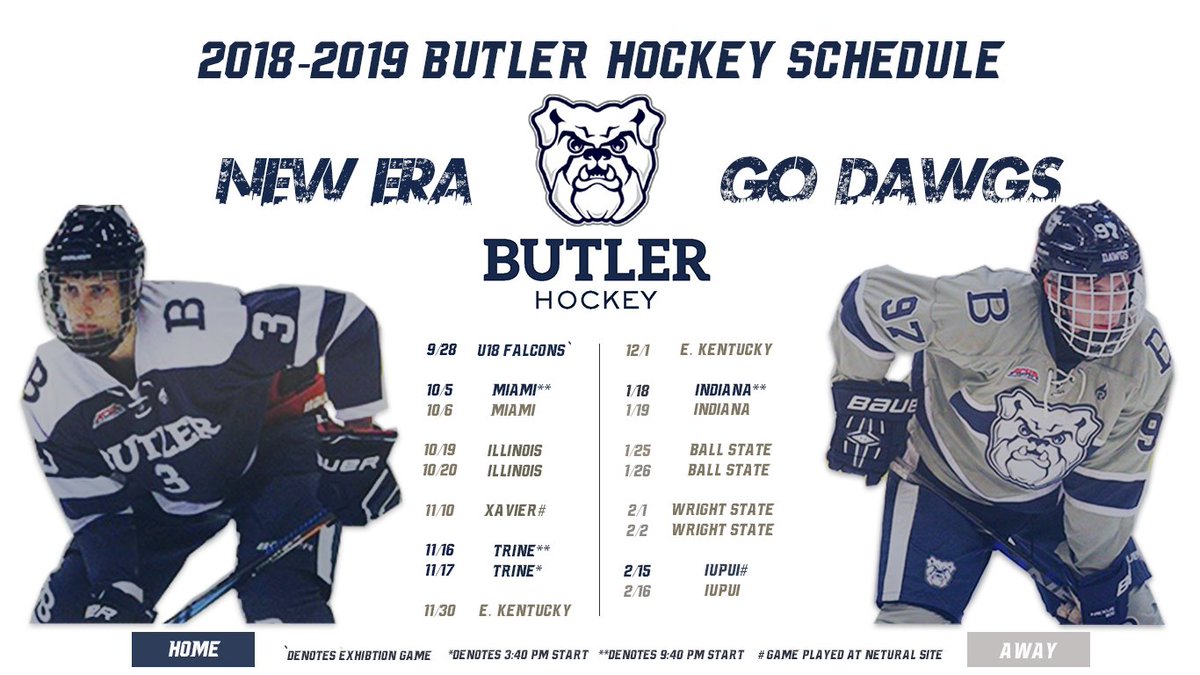 ButlerUHockey's tweet photo. Make sure to mark your calendars because here is our 2018-2019 schedule! Only 64 days until your Bulldogs open up their ICHC season at home against the Miami Redhawks! https://t.co/t5S0ZzSp59