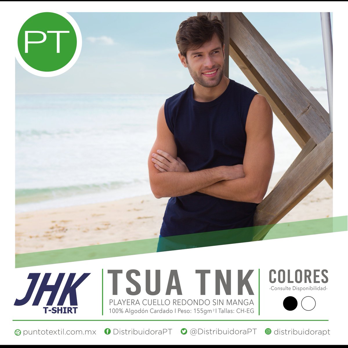 DistribuidoraPT's tweet photo. ¡Sólo #PuntoTextil tiene para ti el modelo TSUA TNK de #JHK, una cómoda y fresca playera cuello redondo sin manga para caballero! https://t.co/uGYWsBqLbp