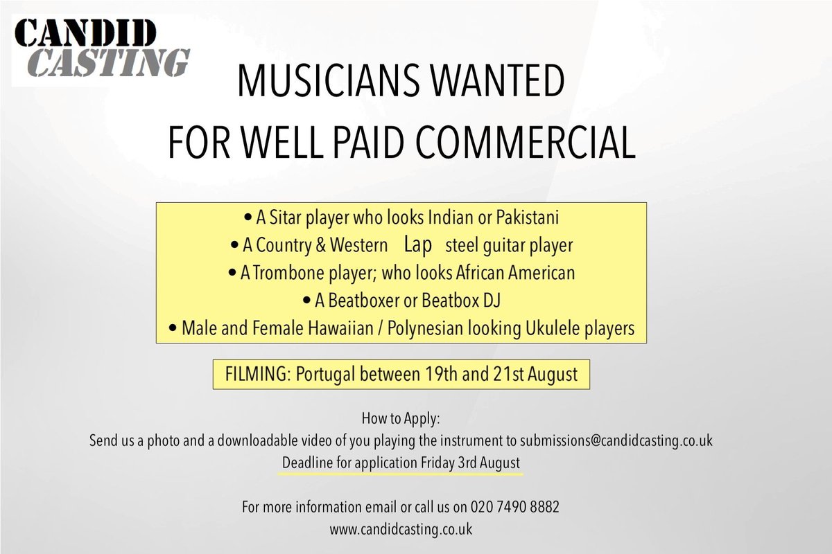 Candid Casting (@candidcasting) on Twitter photo MUSICIANS WANTED. Email with header UNITED to submissions@candidcasting.co.uk with photo, video of you playing the instrument & info.
#Sitar #LapSteelGuitar #Trombone #Beatboxer #BeatboxDJ #Ukulele #LapSteel #Sitarist MUSICIANS WANTED. Email with header UNITED to submissions@candidcasting.co.uk with photo, video of you playing the instrument & info.
#Sitar #LapSteelGuitar #Trombone #Beatboxer #BeatboxDJ #Ukulele #LapSteel #Sitarist