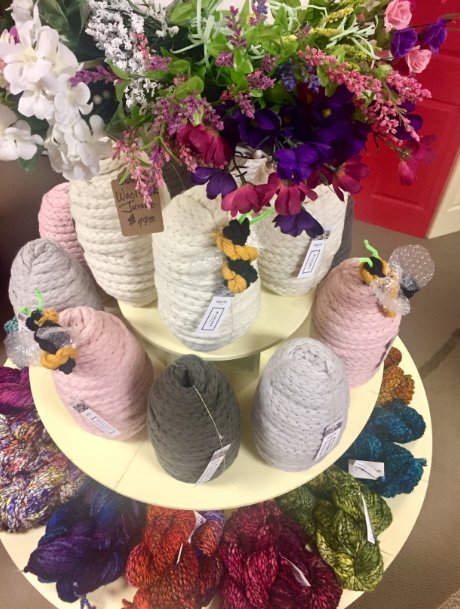 jimmybeanswool's tweet photo. We're bee-yond in love with the new @BlueSkyFibers Woolstok Jumbo! It's super-bulky, soft, sturdy, and can even be #armknit! When our Bean Gus saw its honeycomb shape, he created this sweet little spring set up and we think it's just the bees-knees ๐ https://t.co/uvlKplBkfz https://t.co/g5ZYidtd6M