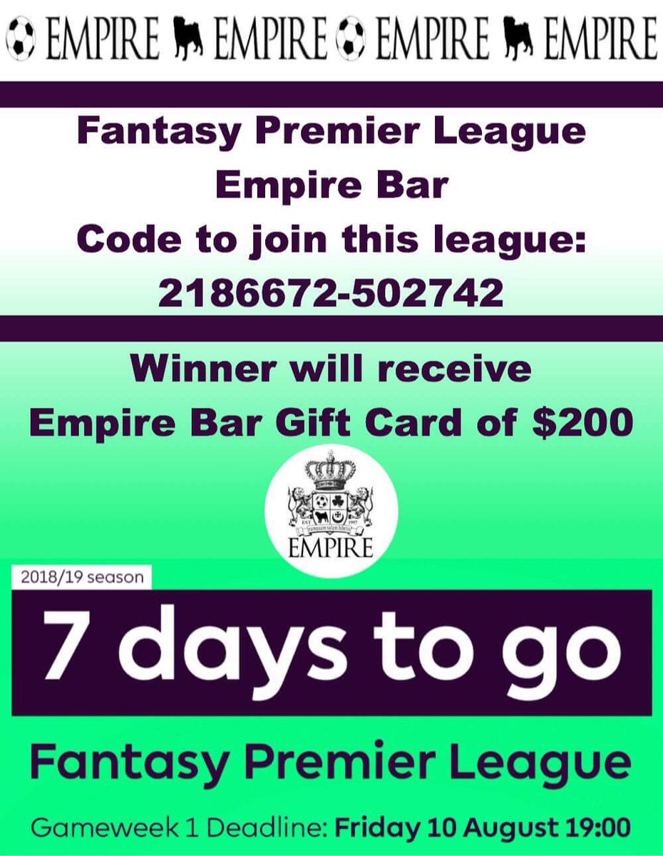Fantasy EPL League <a href="/EmpireBarTulsa/">EmpireBar</a> #Tulsa #EPL #Soccer #7Days