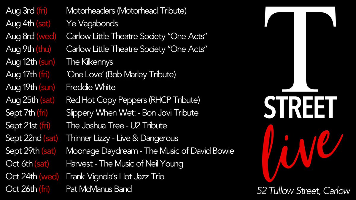 tstreetlive's tweet photo. What a line-up over the next while at @tstreetlive ! Make sure to call into the T Street Bistro for a drink and some delicious food before the gig 
@carlowtourism @carlow_tourism @visitcarlow @lovecarlow 

#tstreet #carlow #whatson #carlowmusic #livemusic #lovecarlow https://t.co/gzPb4BO3TC