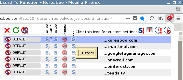 List of default-blocked active content domains for a site that can be given permissions to in the NoScript WebExtension toolbar pop-up on Firefox Quantum (61.0.1). The domains are each preceded by different permission buttons, the active status of which is shown with text. Each permission type roughly forms a vertical column. At the top left, "X" is to close the pop-up, the green round arrow is to reload the page.