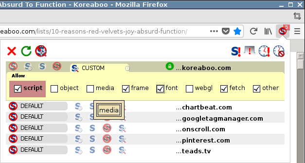 For each domain, a user may wish to allow custom settings; by clicking on the respective check boxes of each content type. In the screenshot: object, media, and WebGL are set as not allowed (checkboxes are unchecked) to prevent them from being loaded from a particular domain. After applying changes and clicking outside the pop-up, the page will reload. If the main site is allowed, more script domains will be listed.