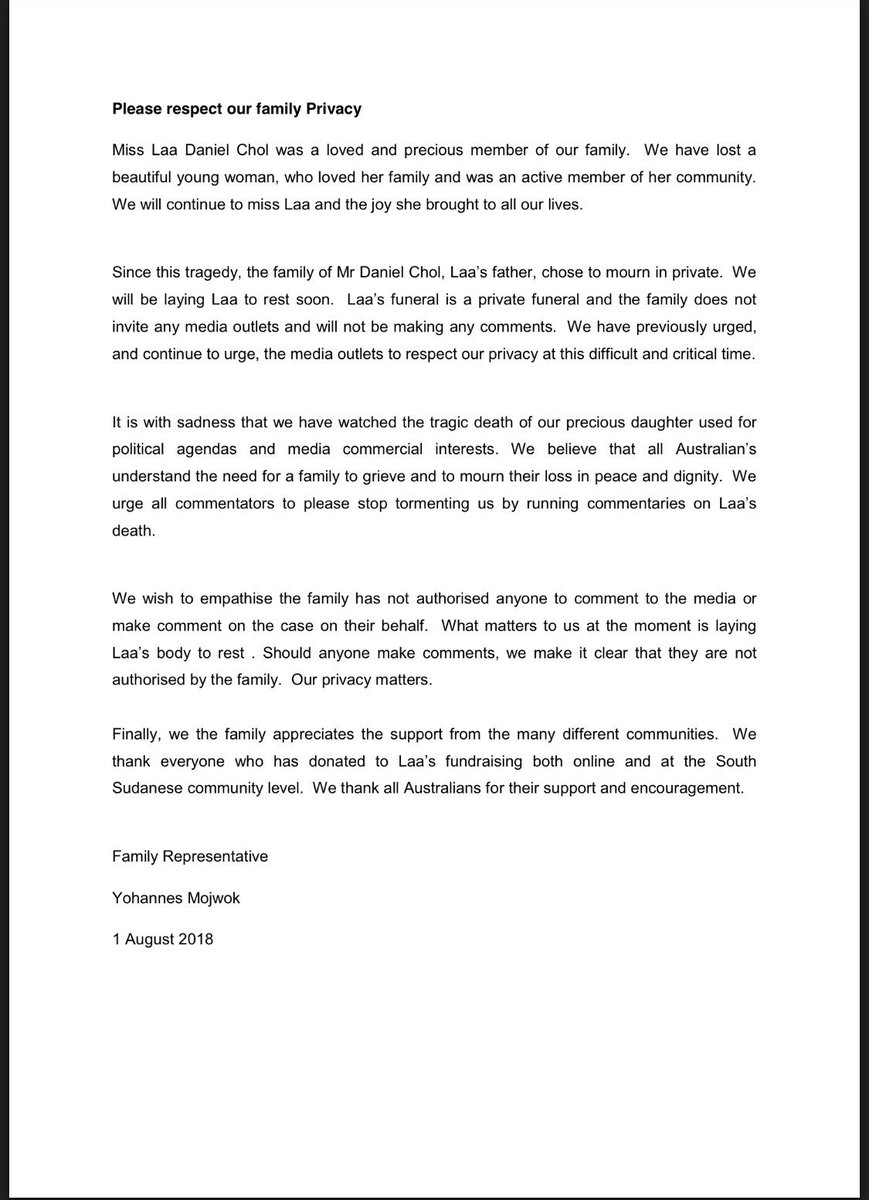 KDeiWal's tweet photo. Statement from Laa Chol’s family. https://t.co/2FM1KigN1M