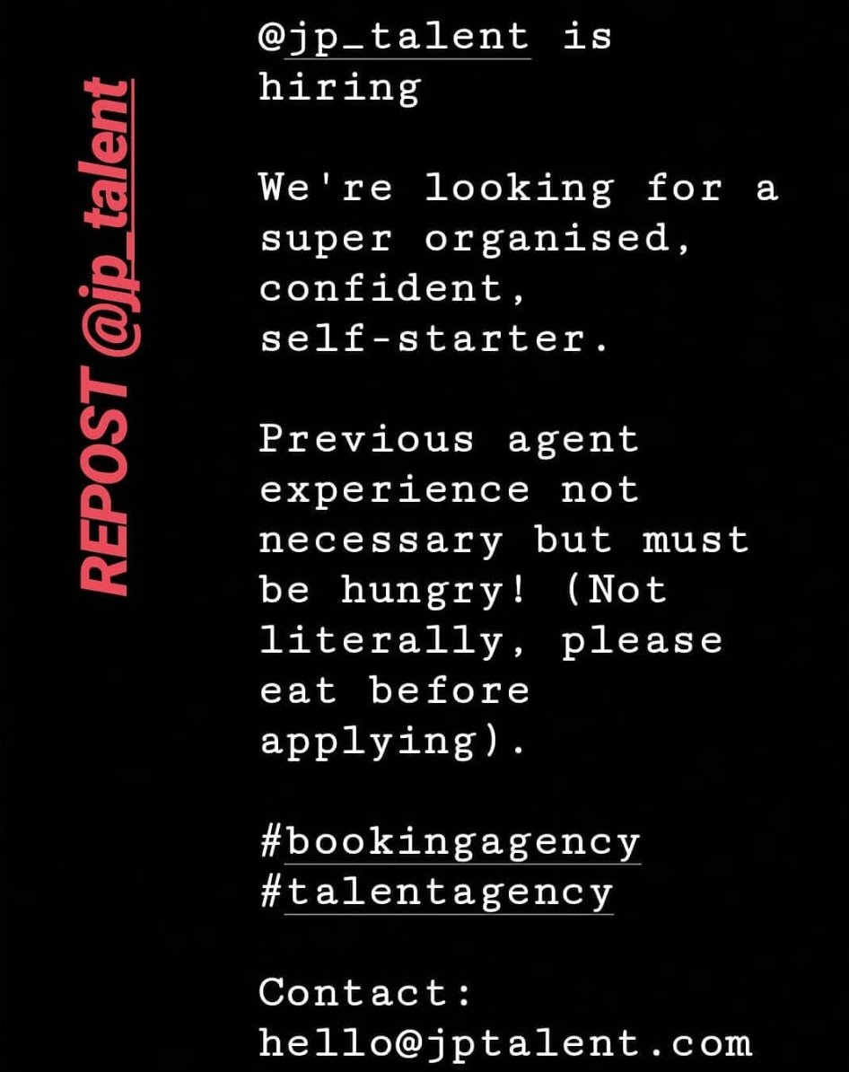 JP_Talent's tweet photo. We are hiring! Email us hello@jptalent.com https://t.co/32B3vcYpEG