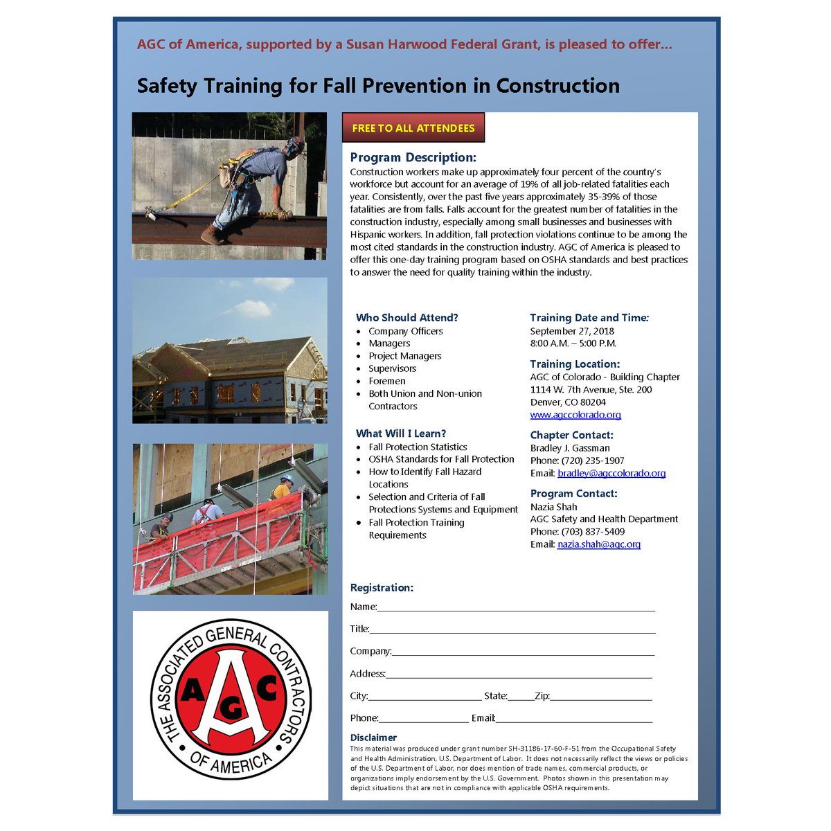 AGC_Colorado's tweet photo. Join us Sept. 27 for our FREE Safety Training for Fall Prevention in Construction. Falls account for 35-39% of fatalities in the construction industry. Based on OSHA standards this 1-day training can help increase onsite #safety. Visit https://t.co/bgiZD0tIPl #BuildColoradoAGC https://t.co/fsPKf2DyFT