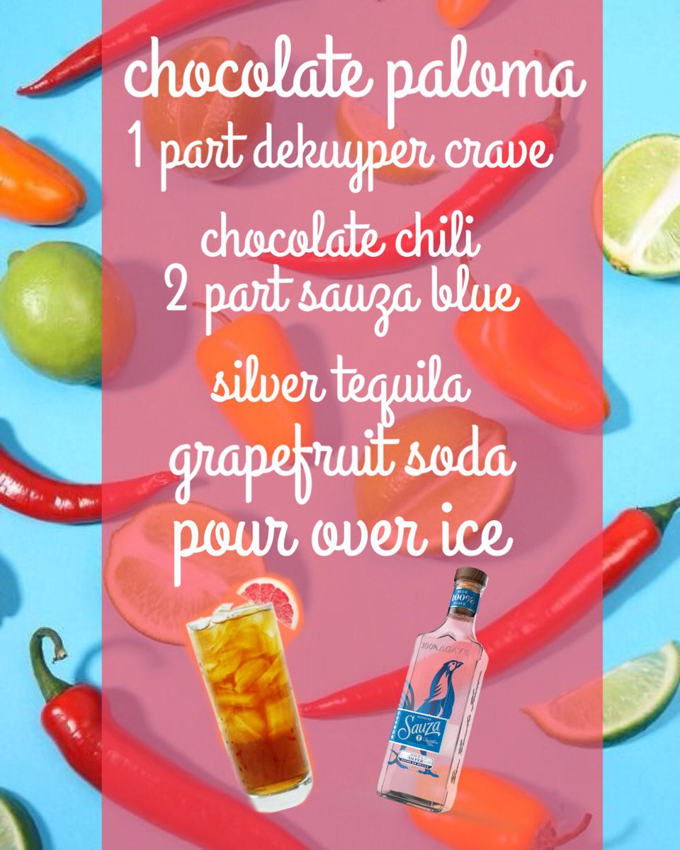 PerfectPourFC's tweet photo. ATTENTION FORT COLLINS: 
we have one bottle of #dekuyper crave chocolate chili left! check out these awesome drink recipes you can make if you snag it first! 
🍸open till 11:50 pm 
🍸1671 s college ave https://t.co/Bw45pQFUp2