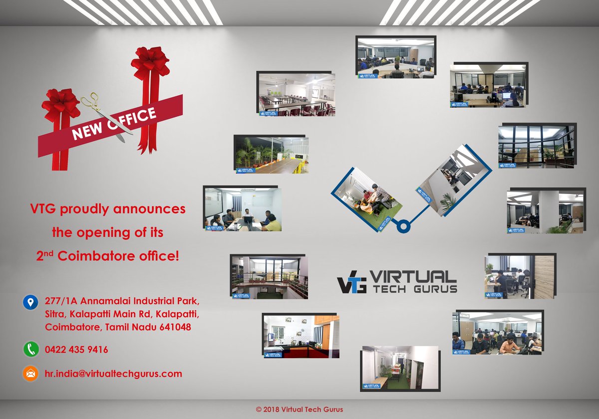 virtualtechguru's tweet photo. HI ALL,

WE ARE DELIGHTED TO ANNOUNCE THE OPENING OF OUR 2nd COIMBATORE OFFICE!

FOLLOW us on:
FB --> https://t.co/dBIx2HvFl9
LI--> https://t.co/eL3CkNryxi
Google+ --> https://t.co/864BUzXbmu

#VirtualTechGurus #NewOffice #Coimbatore #Inauguration #Announcements #Opening https://t.co/tUFm7s1QTl