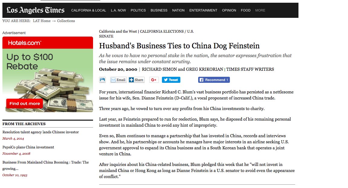 I'm sure there's no connection between Richard Blum's China investments and the Chinese spy his wife @SenFeinstein was SHOCKED just SHOCKED to find had been attached to her and Senate Intel committee for 20 years