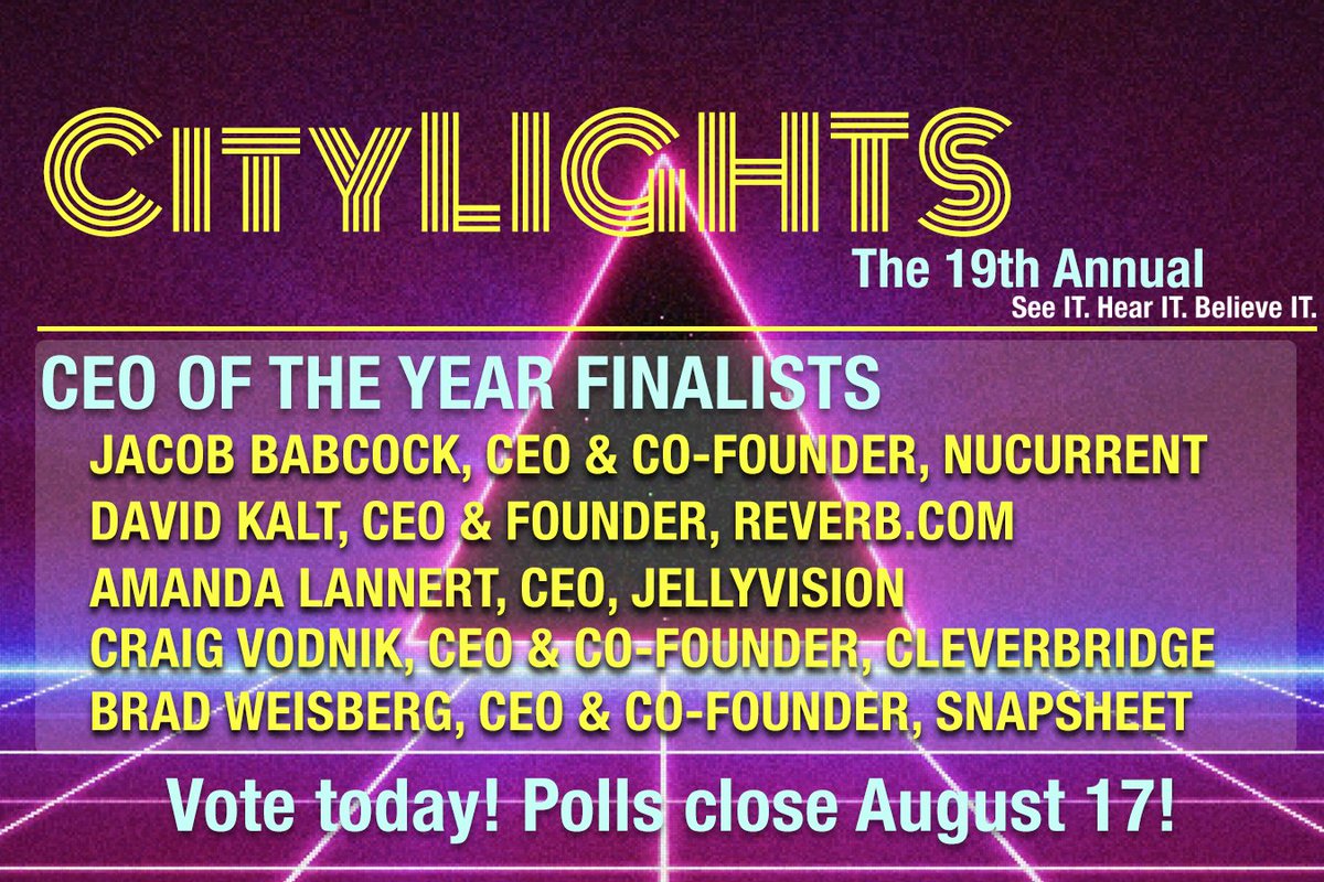 ITAbuzz's tweet photo. 🔮 We’re unveiling the #ITACityLIGHTS CEO of the Year Finalists! Congrats to @sixty3strat, Amanda Lannert of @Jellyvision, Brad Weisberg of @SnapsheetInc , @JDBabcock and @CraigVodnik! See who wins on 9/13: https://t.co/mkFOBmgHtf 🔮 https://t.co/xWD40LBETy