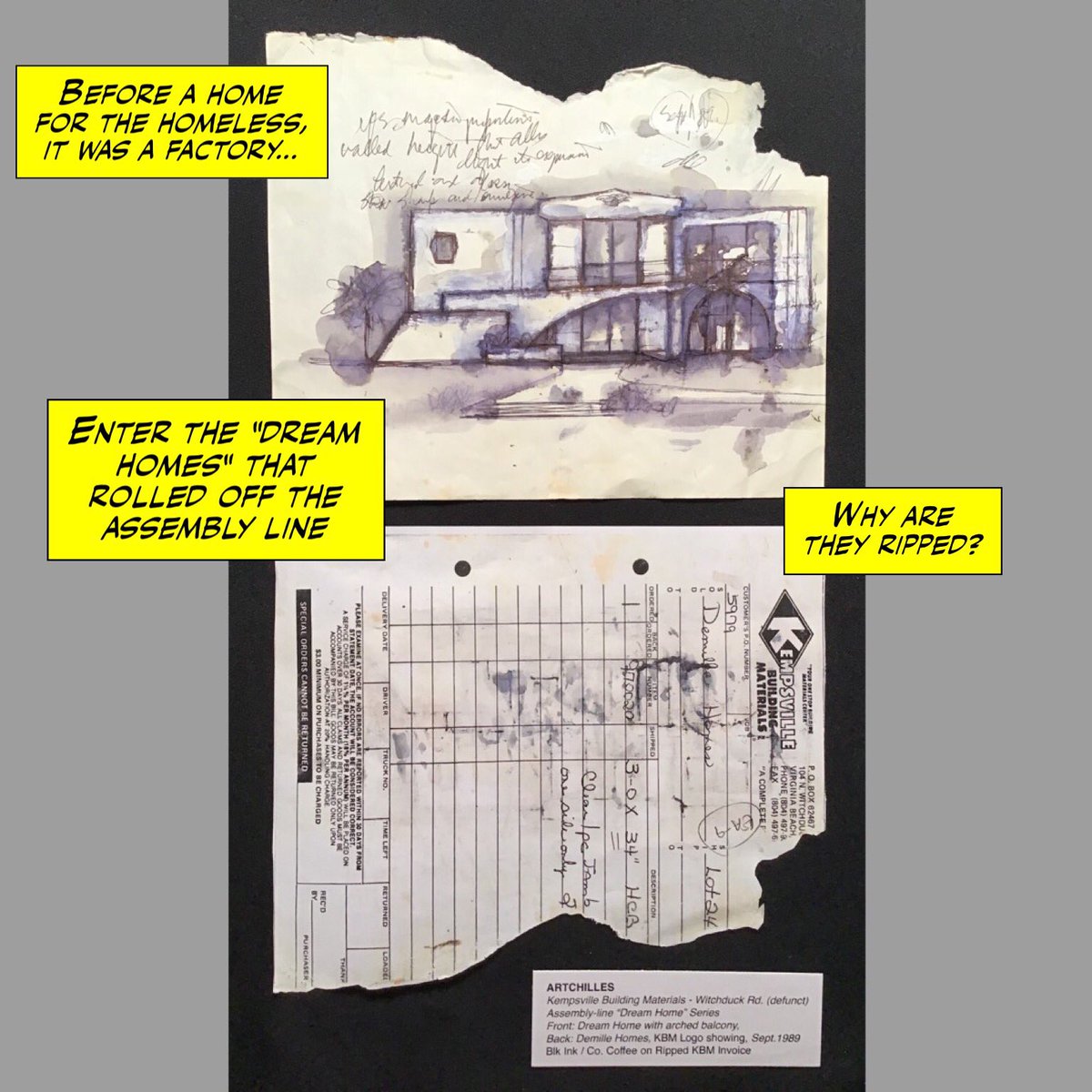 Artchillestes's tweet photo. Local #vabch art story - #factory invoices bearing #Kempsville logo ripped to fit #drawing board rolled off #assemblyline these “Dreamhomes” have new meaning to  factory’s new incarnation - Center for the #homeless @VirginiaMOCA @virgBeachSOCIAL #virginiabeach #art @VABeachArts https://t.co/4VuNmMd3c5