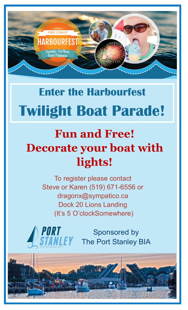Who has a boat? Participate in the TWILIGHT BOAT PARADE! Fun and free entry! Contact Steve or Karen at dragonx@sympatico.ca #harbourfest #portstanley #parade <a href="/flushcantbebeat/">Royal Flush Media</a> <a href="/TypeAEvents/">Type A Events</a> <a href="/gtsbeachbar/">GTs On The Beach</a> <a href="/PortStanleyBIA/">Port Stanley BIA</a> @ElginCounty <a href="/SttOnt/">SttOntRetweets</a> <a href="/PortStanleyNews/">Port Stanley News</a>
