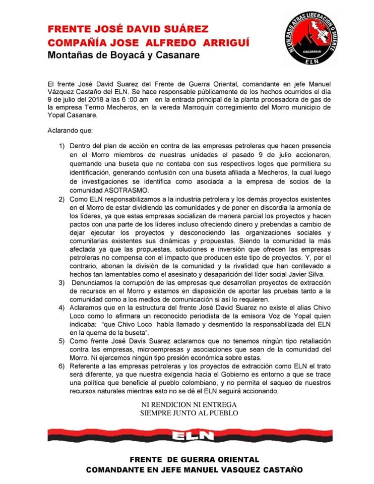 MarthaCifuentes's tweet photo. El ELN se atribuyó acto terrorista del 9 de julio en el que se quemó una buseta en la entrada de la empresa Termomechero, El Morro, Yopal, Casanare. Se justificó en que como no tenía logos que la identificaran se creyó que era de Mecheros. Autoridades habían descartado su autoría https://t.co/hVLpKLZsdV