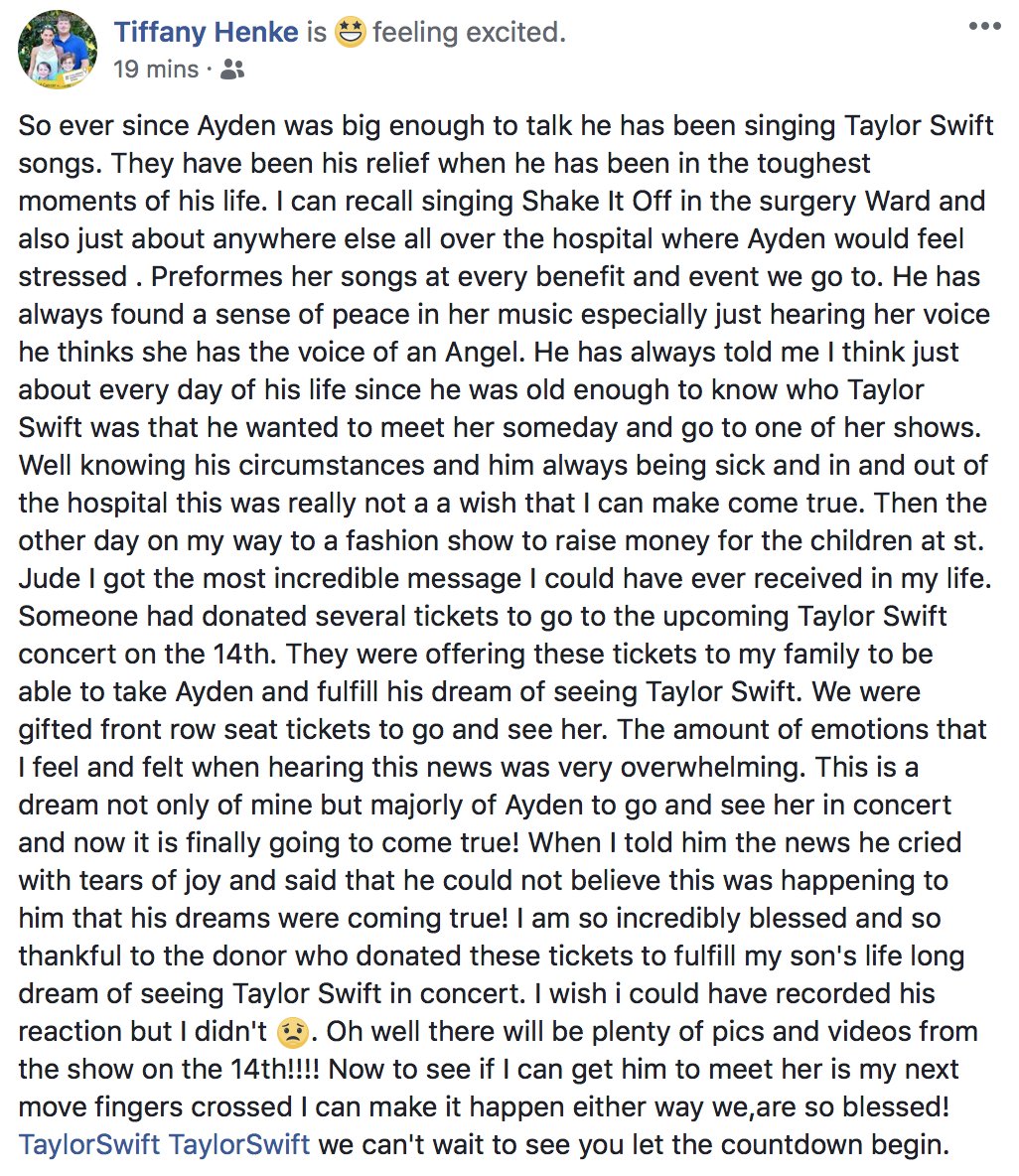 juleeuh721's tweet photo. HEY @taylorswift13 my little buddy Ayden has a rare form of brain cancer but that didn't stop him still being one of your biggest fans that helped him in and out of the hospitals over the years! He is attending your Aug 14th concert in Tampa, front row, and would love to meet you https://t.co/20yVgs7i8z