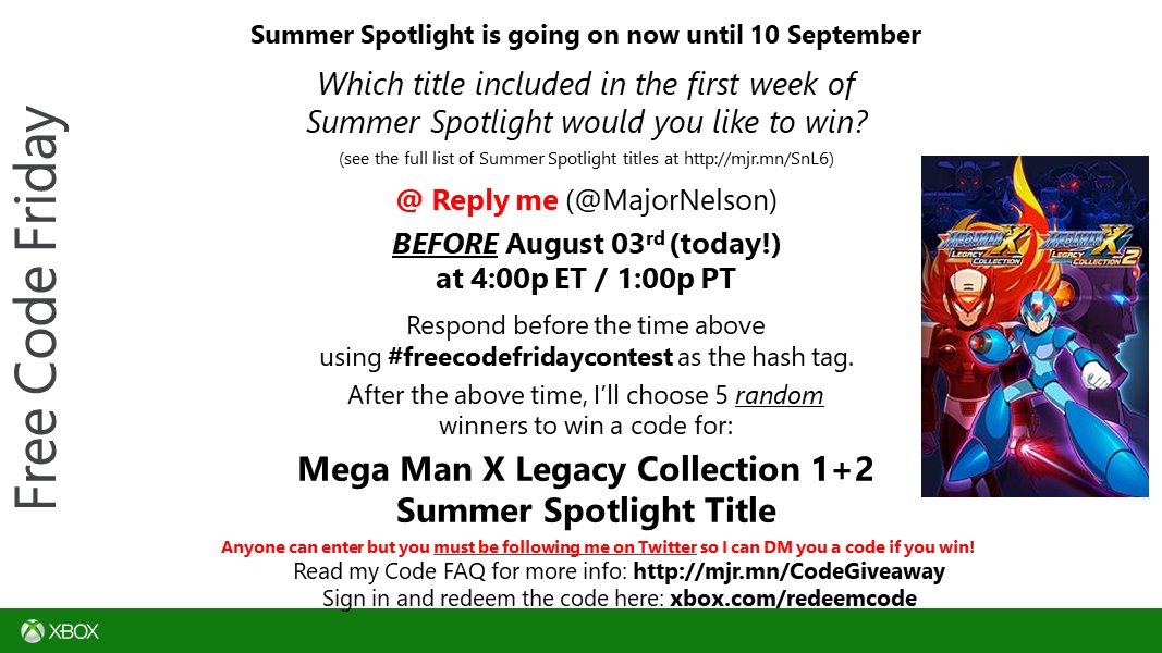#freecodefridaycontest time. Read this and you could win a code for Mega Man X Legacy Collection 1 and 2 plus another Summer Spotlight title on Xbox One. Good luck.