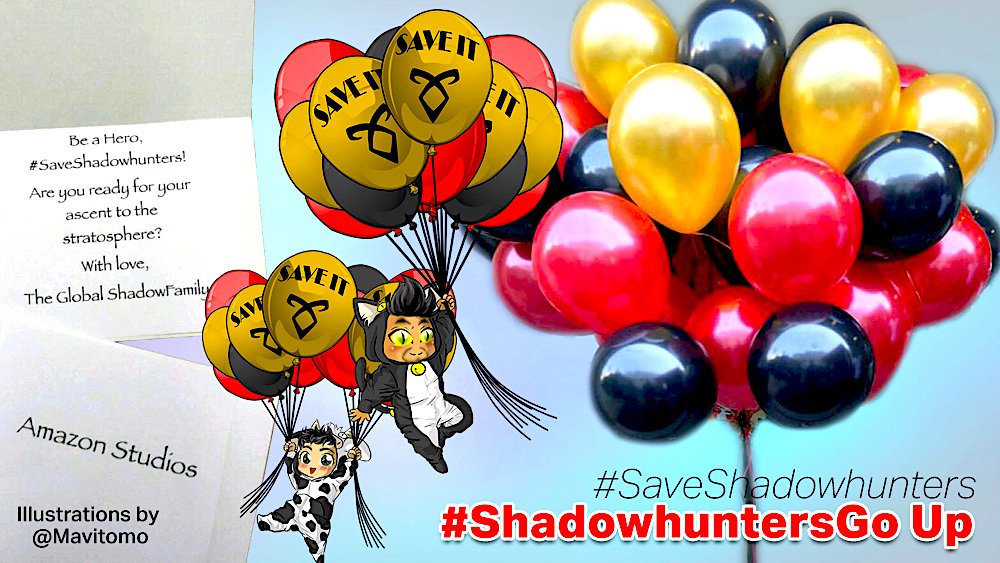 Magic_Goatee's tweet photo. 🚨#SaveShadowhunters PROJECT REVEAL🚨
The ShadowFam offers motivation for negotiations.
3 balloon bouquets were delivered today to @netflix, @AmazonStudios and @Hulu! 🎈
Be a Hero and Save Shadowhunters!
#ShadowhuntersGoUp 🎈
Design:@lisajean74 Illustration:@mavitomo https://t.co/2TKxiQD0gp