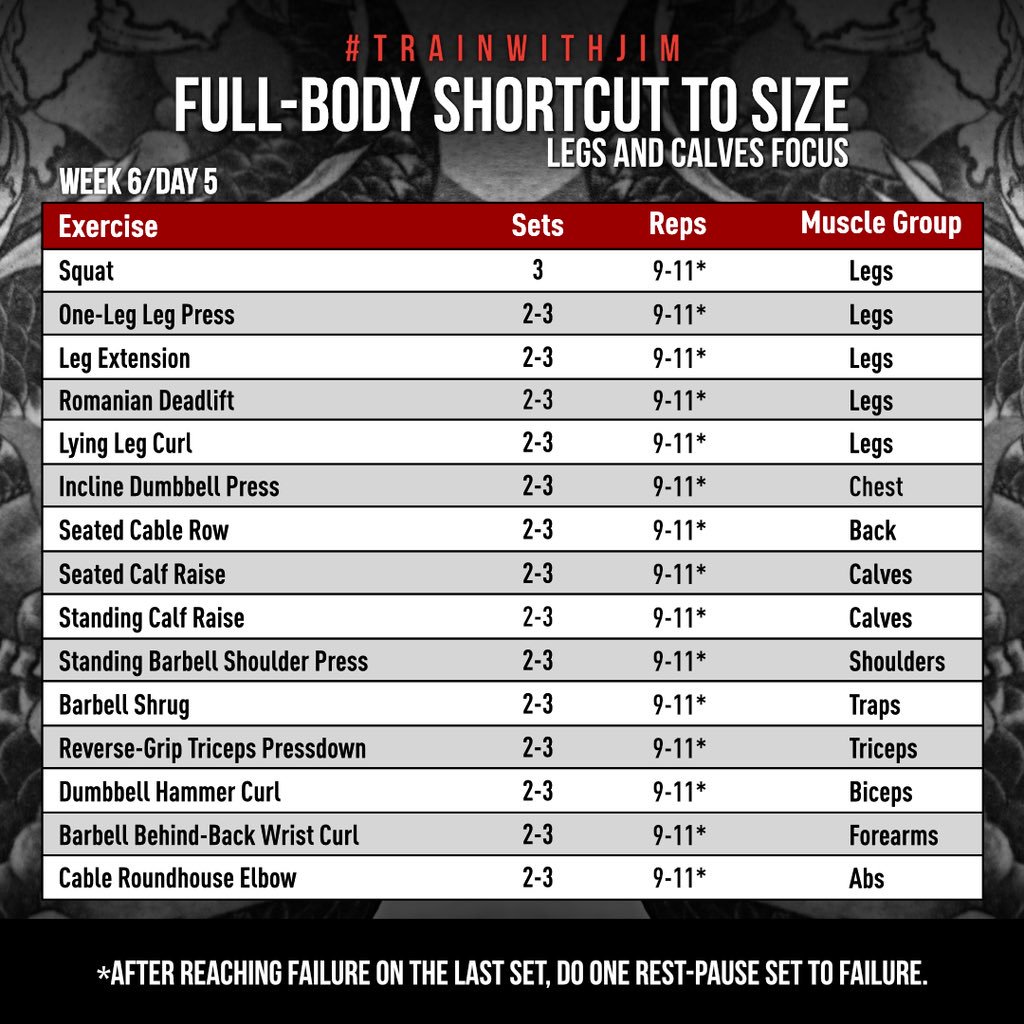 JimStoppani's tweet photo. Week 6, Day 5 of my Full-Body #ShortcutToSize program. I’m all finished this week and heading out for my annual camping trip. I’ll be following my #30/60Rule on the road as well. Make sure you finish the week strong #JYMArmy and enjoy the weekend. https://t.co/n2uiYj458b