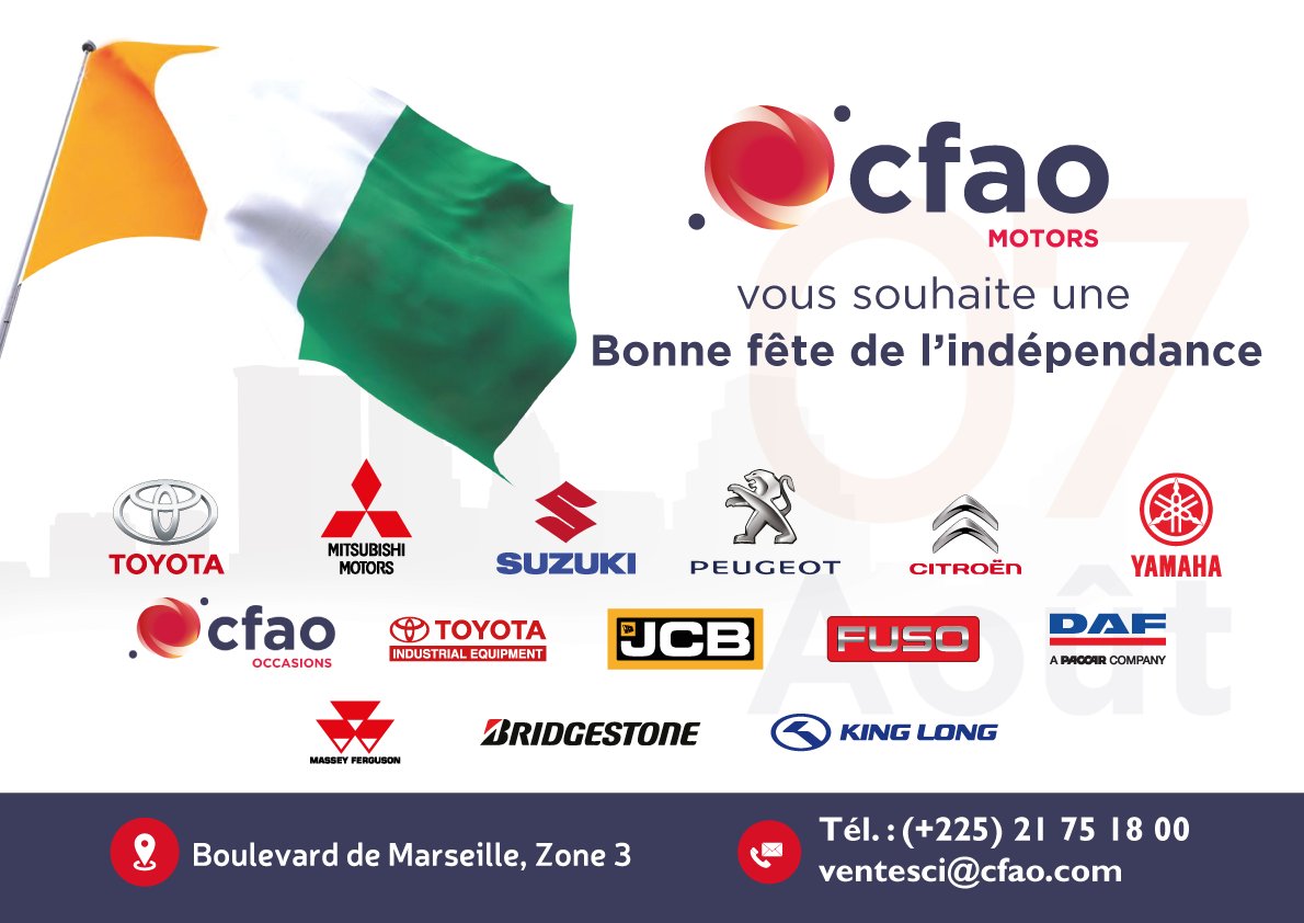🇨🇮 Tout le personnel de CFAO Motors vous souhaite une excellente fête de l'indépendance 🇨🇮 #7Aout #IndependanceDay #civ #team225 #kpakpatoya #cotedivoire #abidjan #bouaké #yamoussoukro #CFAO