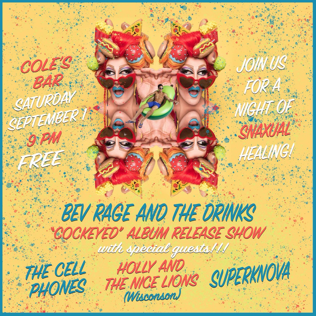 BeverlyRage's tweet photo. Here it is! Our new album “Cockeyed” is coming out on Sept 1st on @midwestAXN and we are throwing a party at @coleschicago with @thecellphones @SuperKnovaMusic and #hollyandthenicelions! #chicagomusic #drag #dragband #poppunk #diychicago #queer #snaxual https://t.co/ttMJU6wN1g