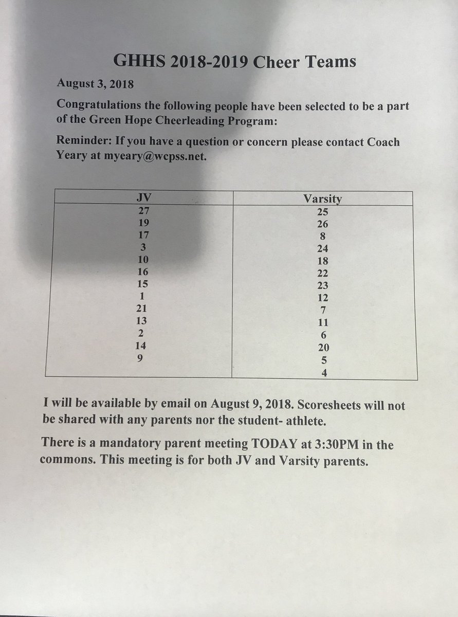 bwalls8709's tweet photo. Congratulations🎉🎉 We welcome our newest members to the Green Hope Cheerleading Program! 

The parent meeting is scheduled for  August 3rd at 3:30pm in the commons. https://t.co/6MteIIVwtw