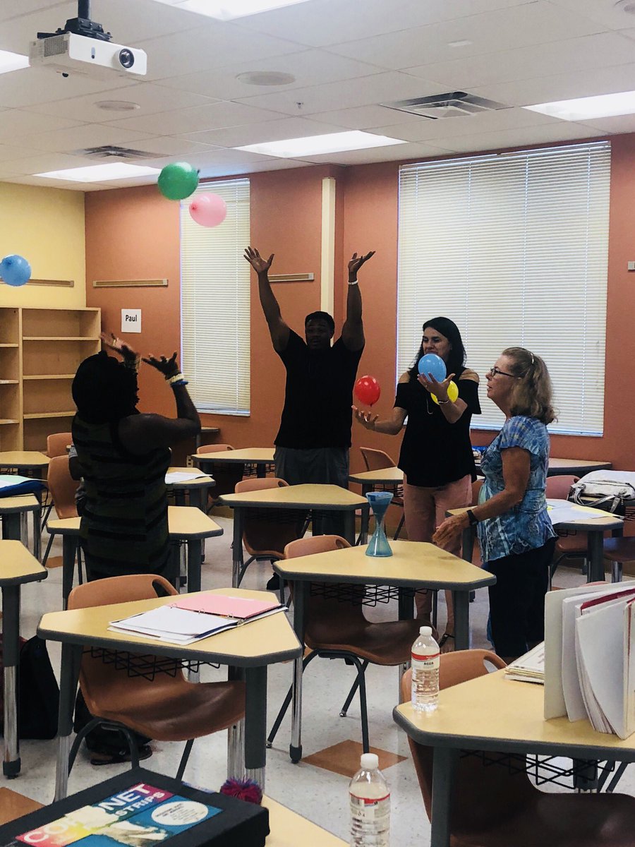 TalentSlps's tweet photo. Elaine Harman teaches Minute-to-Win-it to the new PE teachers. They are learning how to keep students active and engaged while practicing their own juggling skills. #new2slps #PEContent https://t.co/3KdKtMmE7c