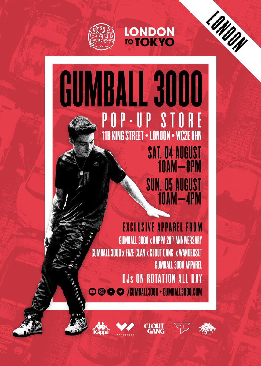 LONDON FANS 🇬🇧🇬🇧 We've got a Pop-Up with Exclusive Merch for  @gumball3000 in your town- and we're doing a Meet Up there TOMORROW! ⌚️  16:00-17:00 FAZE CLAN 🤝 CLOUT GANG, image size:855x1200