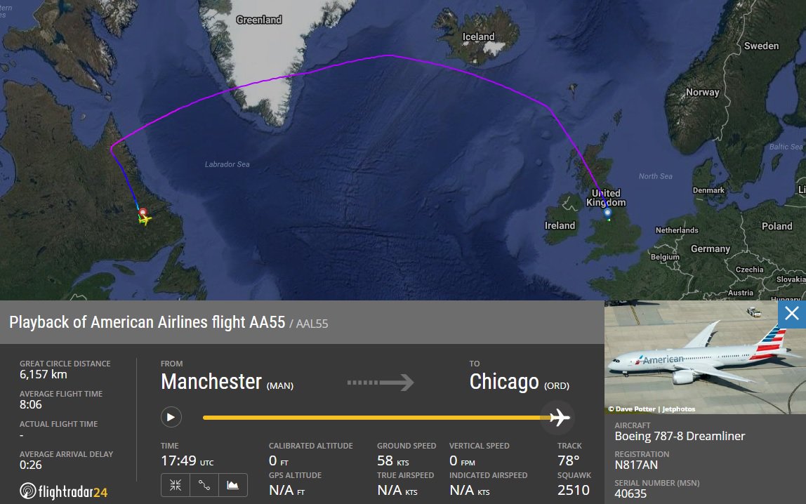 AirportWebcams's tweet photo. American #AA55 Manchester to Chicago (Boeing 787-8 N817AN) has diverted to Goose Bay at 1750UTC with a medical emergency on board (info via @Philipearle ) | @TomPodolec https://t.co/pMEySOhvDy