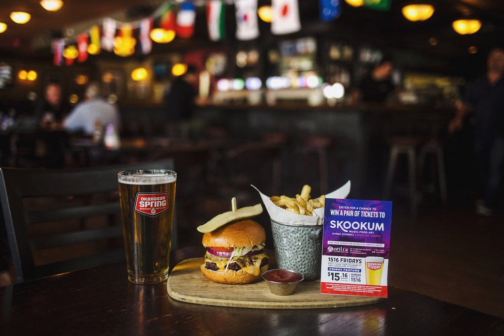 1516 Fridays every Friday at Ceilis til the end of August - a pint of 1516 and a burger for $15.16+tax! You also enter for a chance to win a pair of passes to @SKOOKUMFestival in September! skookumfestival.com