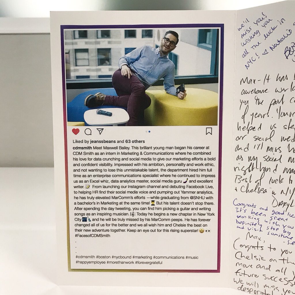 maxthemarketer's tweet image. OMG—I’m one of the #FacesOfCDMSmith! Thank you @CDMSmith for the custom card to celebrate my time at the firm. It’s been an incredible 2 years 🎉 Excited to move to #NYC and start the next chapter of my career!