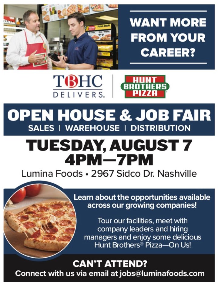 TBHCDelivers's tweet photo. TBHC Delivers is hosting an Open House at our home office next Tuesday from 4PM-7PM. Stop by and learn about our company and our open positions. We will even have some delicious @hbpizza for you to enjoy! 
#TBHCDelivers #NashvilleJobs https://t.co/1eV446H9kv