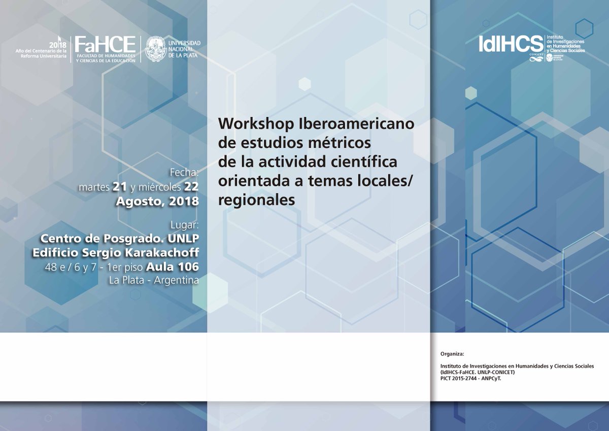 unlpBCI's tweet photo. Invitamos a participar del Workshop Iberoamericano de estudios métricos de la actividad
científica orientada a temas locales/regionales 21 y 22 de agosto de 2018. Inscripción y consultas: wsiem2018@gmail.com https://t.co/rsh9UPxx7s