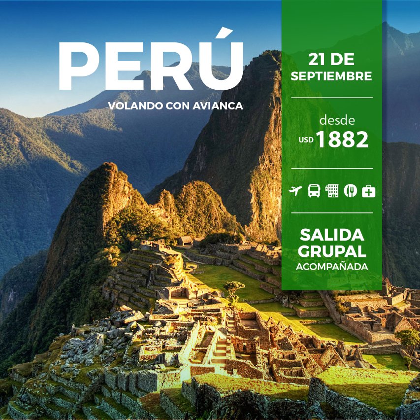TipTravelArg's tweet photo. #PERÚ ⛰️ SEPTIEMBRE
7 Noches / 8 Días.  Volando con #Avianca. 🛫
Saliendo el 21 de Septiembre
Incluye: 2 Noches en Lima + 2 Noches en Cusco + 1 Noche Urubamba + 1 Noche Machu Picchu + 1 Noche Cusco  
más info --> https://t.co/5CJKQPNVTu https://t.co/67LxeqrWhT