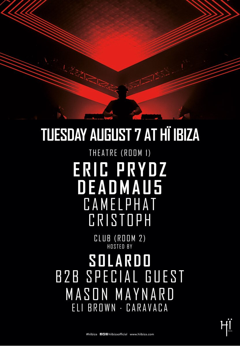 solardomusic's tweet photo. This Tuesday at @hiibizaofficial is the biggest yet! 

We have a massive secret guest who will be playing a special Detroit underground set with us! As well as @ericprydz @deadmau5 @CamelPhat @MasonMaynard @Cristophmusic https://t.co/mDmCgnFhcD