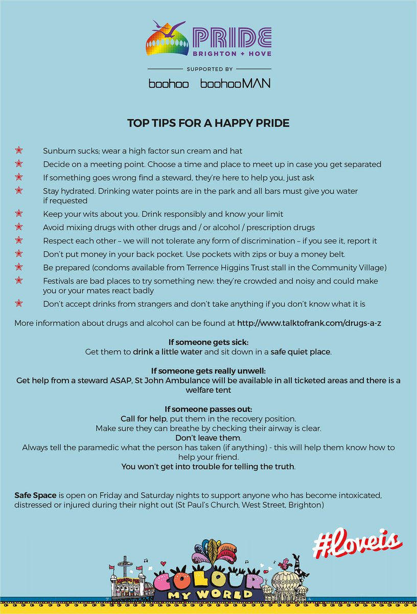 PrideBrighton's tweet photo. We hope you will #haveasafepride and enjoy the weekend. Here are our top tips for a safe and happy Pride:  https://t.co/5Q0HTJkZ4b #BrightonPride #loveis https://t.co/U90h0SVoec