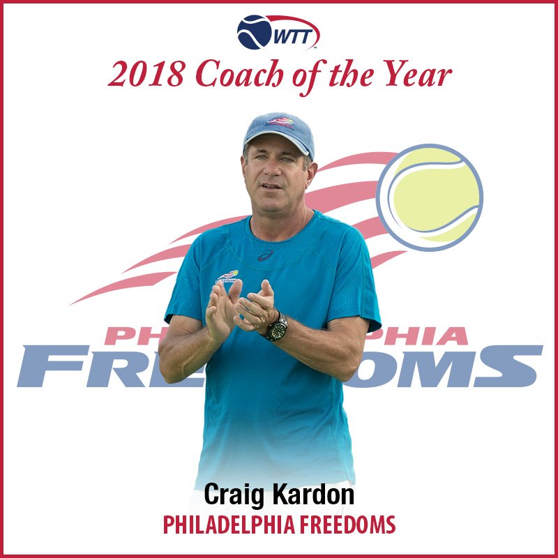 WorldTeamTennis's tweet photo. Congratulations to @ckardon on being named the #WTT43 Coach of the Year! Craig, who also won in 1992, led the @PhillyFreedoms to a 12-2 record and their first trip to the #WTTFinals presented by @GEICO since 2006. https://t.co/N8KXa2GFNI https://t.co/fnZaJQHwWy